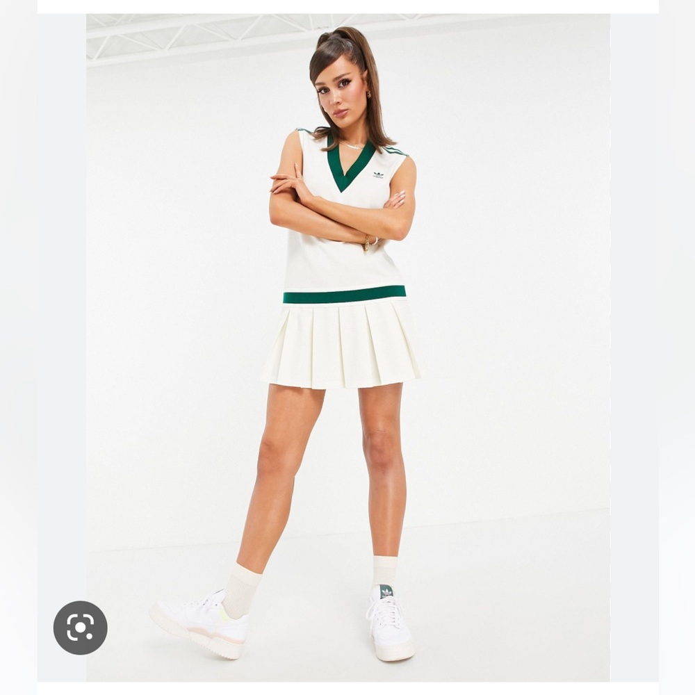 Adidas Originals Tennis Luxe Logo neck pleated dress in off white | NWT | size M